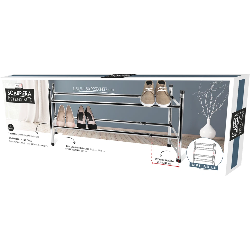 Scarpiera 12 paia scarpe salvaspazio in metallo estensibile 2 ripiani impilabile - Immagine 4 di 4