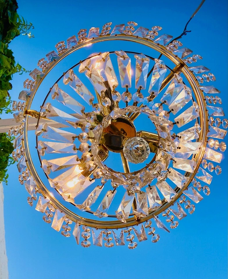 Lámpara de araña de cristal neoclásica vintage de 13 x 12" con borde verde semi al ras, dorada Foto 4 de 4