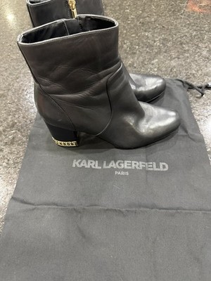 Karl Lagerfeld Black Gold Chain Leather Booties Size 8.5 Used