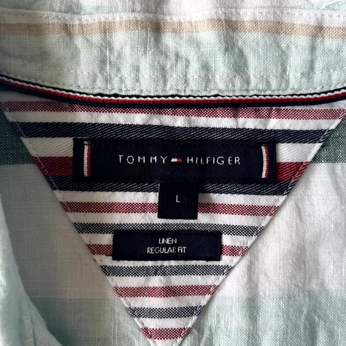 Mens Tommy Hilfiger 100% Linen Shirt Size Large (L) in Green Striped Camp Collar - Picture 4 of 9