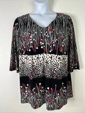 Venezia Women Plus Size 18/20 (1X) Blk/Purple Floral V-neck Tunic Top 3/4 Sleeve