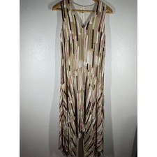 H by Halston Dress Womens 4 Tan Pink Abstract Handkerchief Hem V-Neck Sleeveless