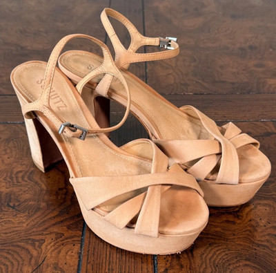 Schutz Keefa Nobuck Honey Beige Block Heel Sandals Women's 7B