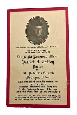 1942 Prayer Death Card for Reverend in Dubuque, Iowa, 3'' x 4.75''