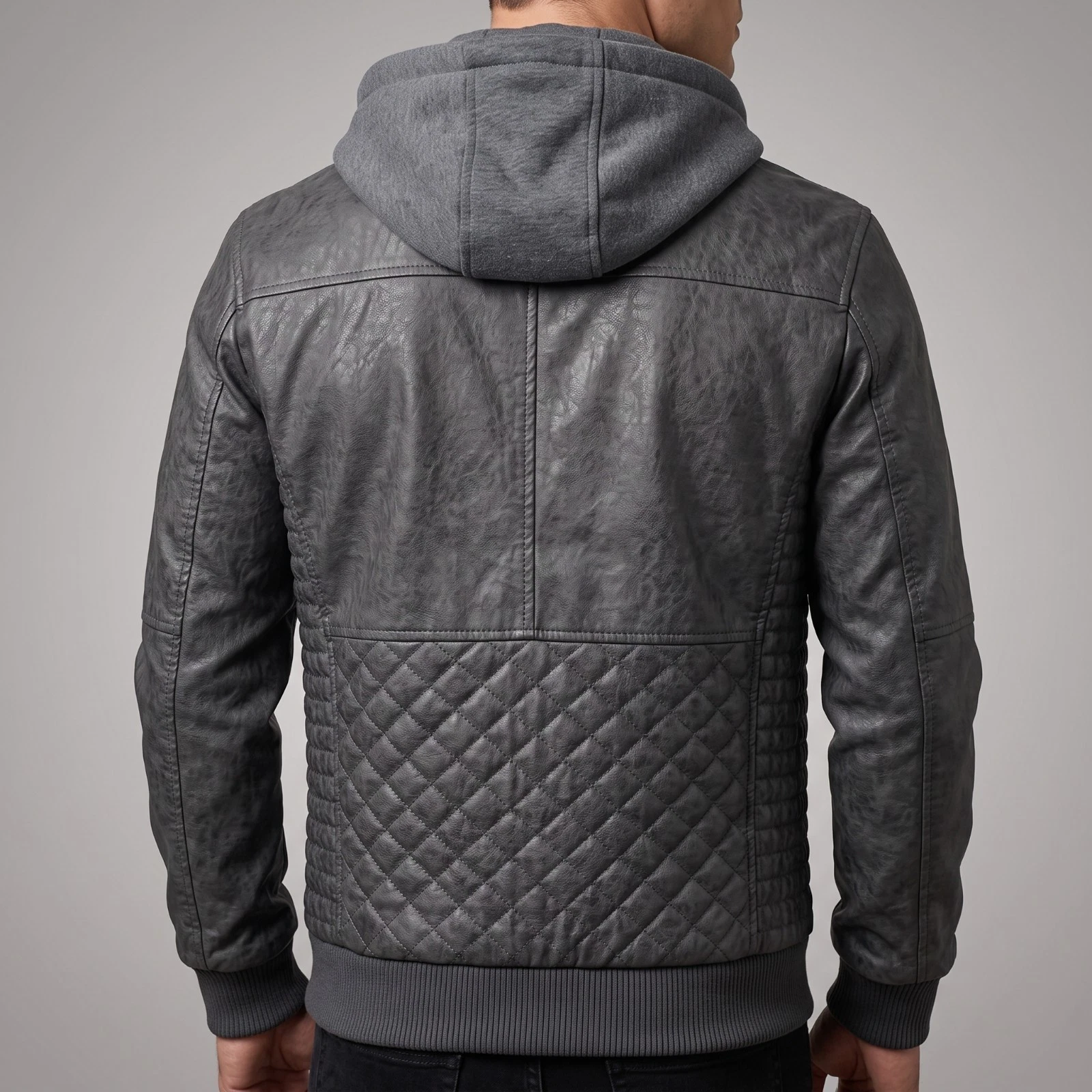 Hand-Burnished Distressed Gray (All Colors) Leather Hoodie Bomber Jacket Men's - product detail image 5