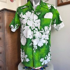 Vintage Green Hawaiian Barkcloth Shirt, 1970s Green  White Cotton Floral Sz S