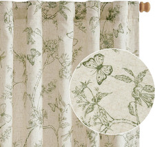 Charlotte Green Floral Lined Linen Farmhouse Curtains 84 Inch Long Back Tab Drap