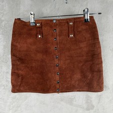 Western Festival Indie Boho Vintage Brown Genuine Suede Snap Front Mini Skirt