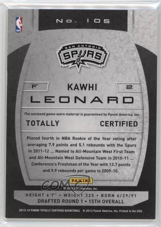 2013-14 Totally Certified Memorabilia Totally Silver Kawhi Leonard #105 - Image 2 of 2