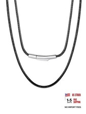 Men Waterproof Braided Leather Necklace Wax 24 inch A: Black-2mm-Silver Clasp