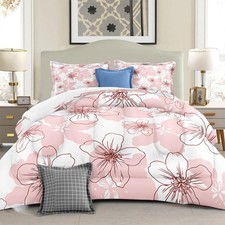 Pink Flowers Comforter Set Spring Printed Quilt Bedding Set with 1 Comforter ...