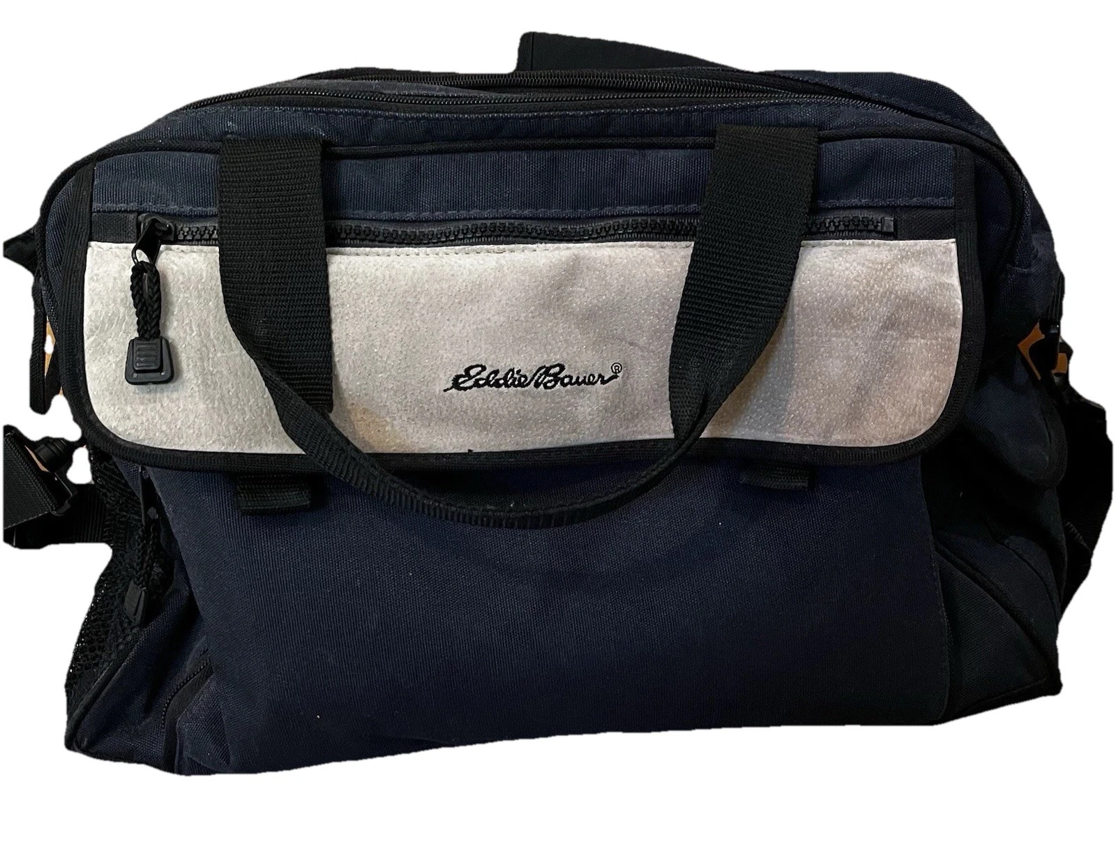 Eddie Bauer Black Canvas Leather Diaper Bag Changing Pad Overnight Travel Rugged
