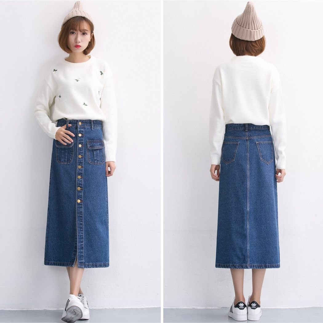 denim midi skirtWomen Denim Midi Skirt High Waist Button Front A-Line Long Jean-image
