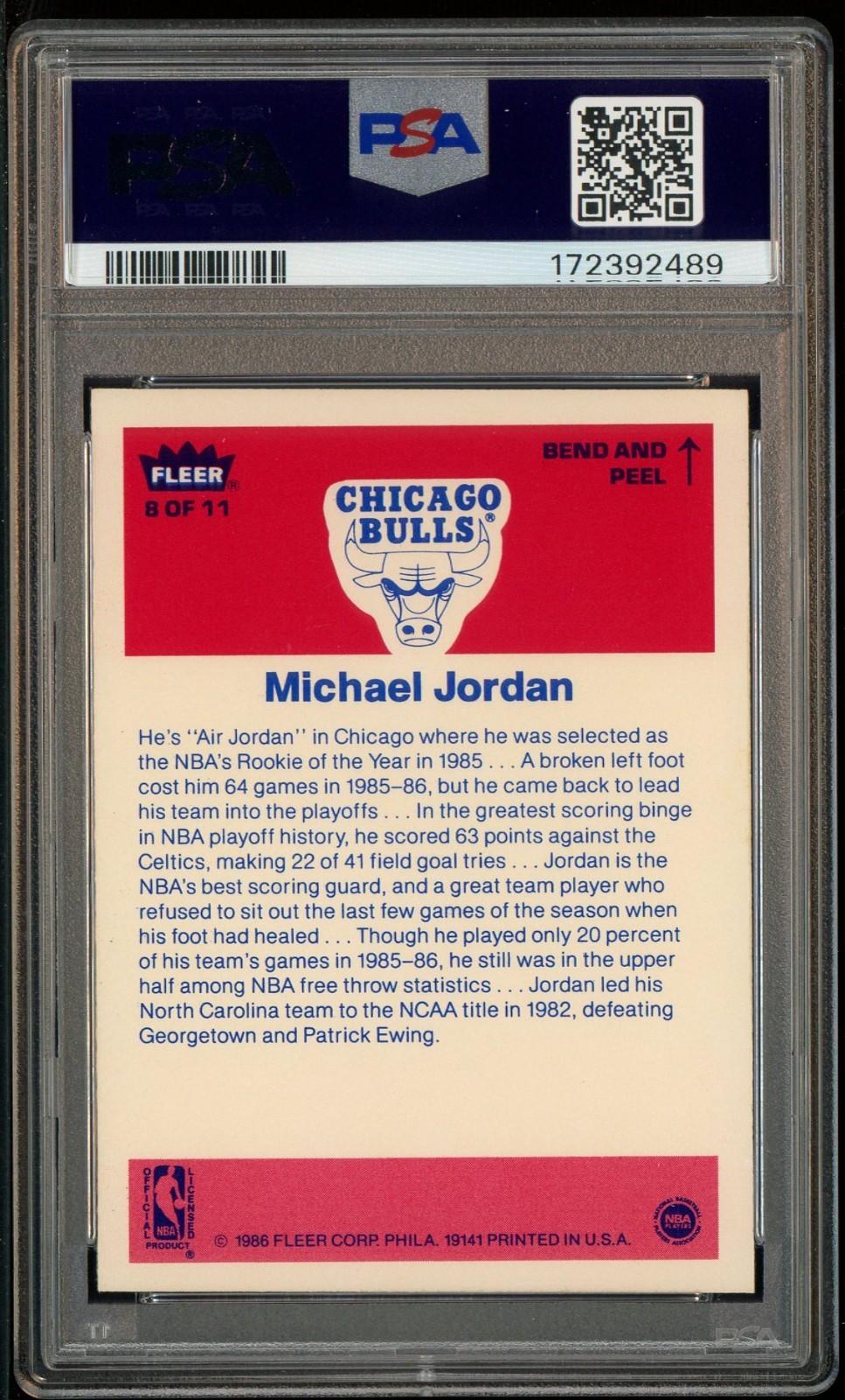1986-87 Fleer Sticker Basketball #8 Michael Jordan RC Rookie HOF PSA 8 CENTERED view 2