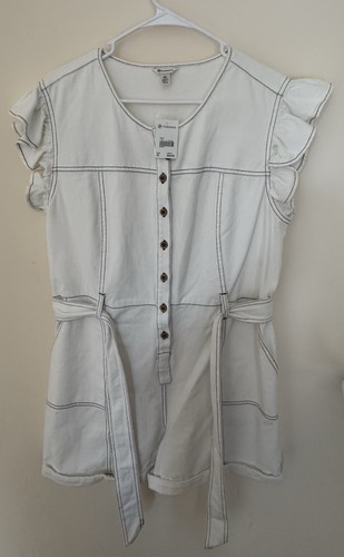Versona White Cotton Button Front Belted Ruffle Pocket Romper Women's XL