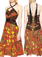 NWT French Connection Strappy 100% Silk Orange Leopard Print Floral Midi Dress 6