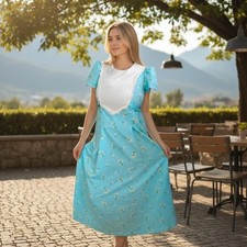 VTG Prairie Maxi Dress Floral Flocked Blue Lace Puff Sleeve 1970s Coquette Sz L