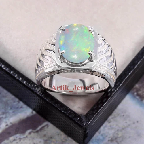Natural Fire Opal Gemstone With 14K White Gold Plated Silver Ring For Men's #552
