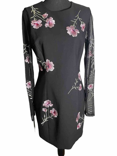 Cinq A Sept NWT Sz 10 B 36” W 32” L 35” Black Dress Embroidered Sheer Arms Fancy
