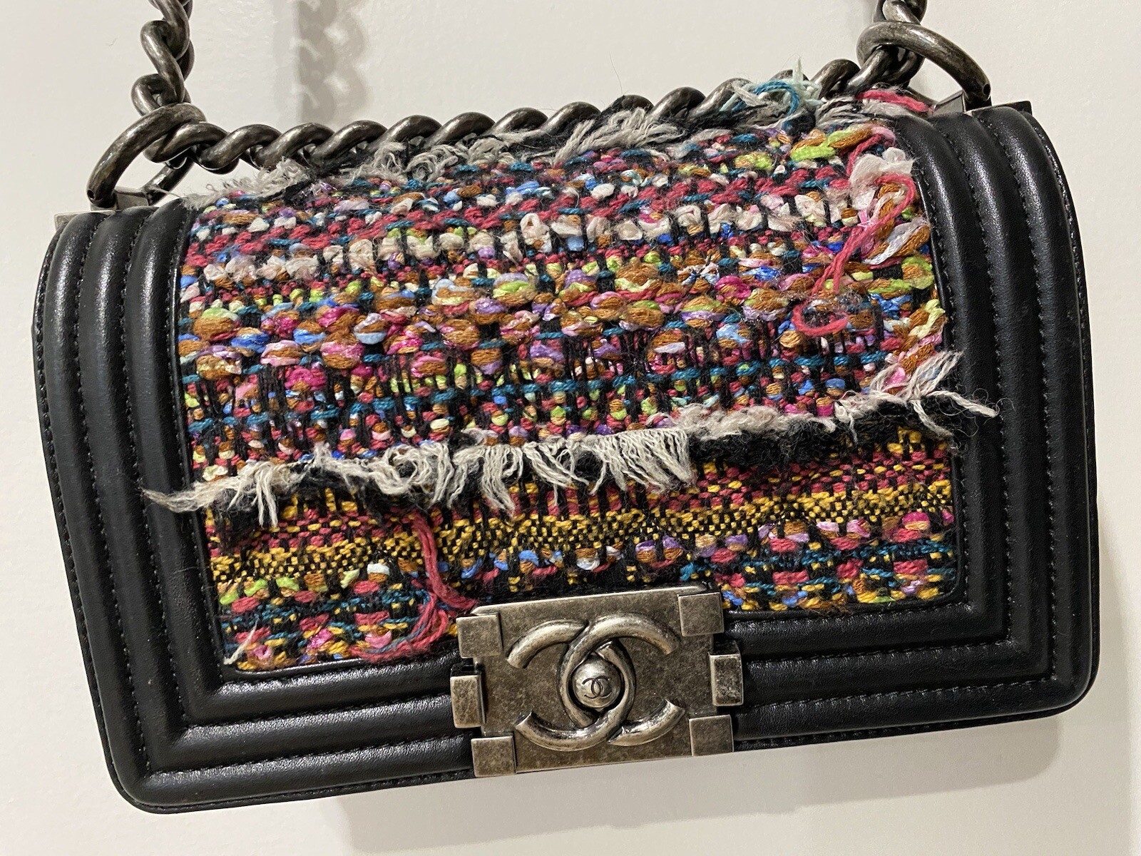 Chanel Boy Flap Bag Quilted Tweed Small Black, Multicolor