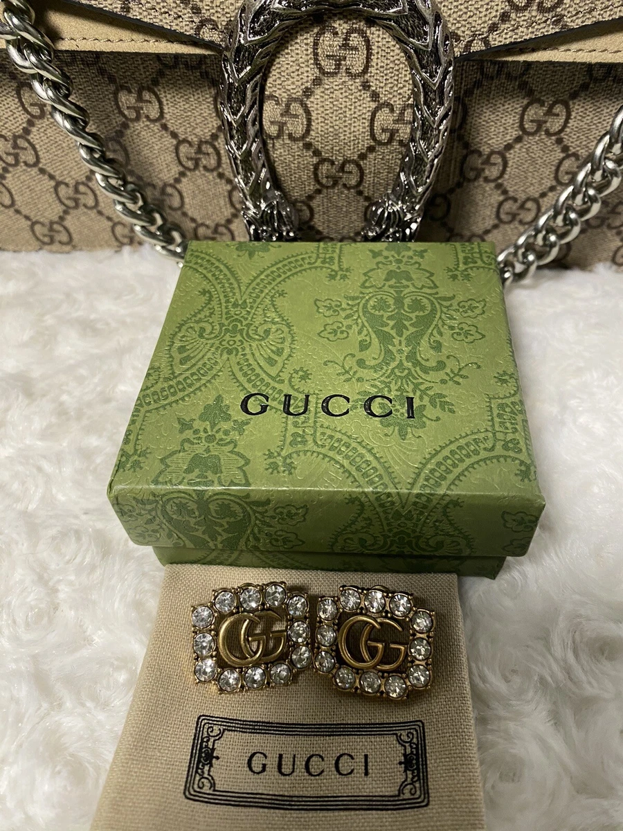AUTH GUCCI ANTIQUE GOLD TONE LARGE CRYSTAL EARRINGS VERY NICE COND