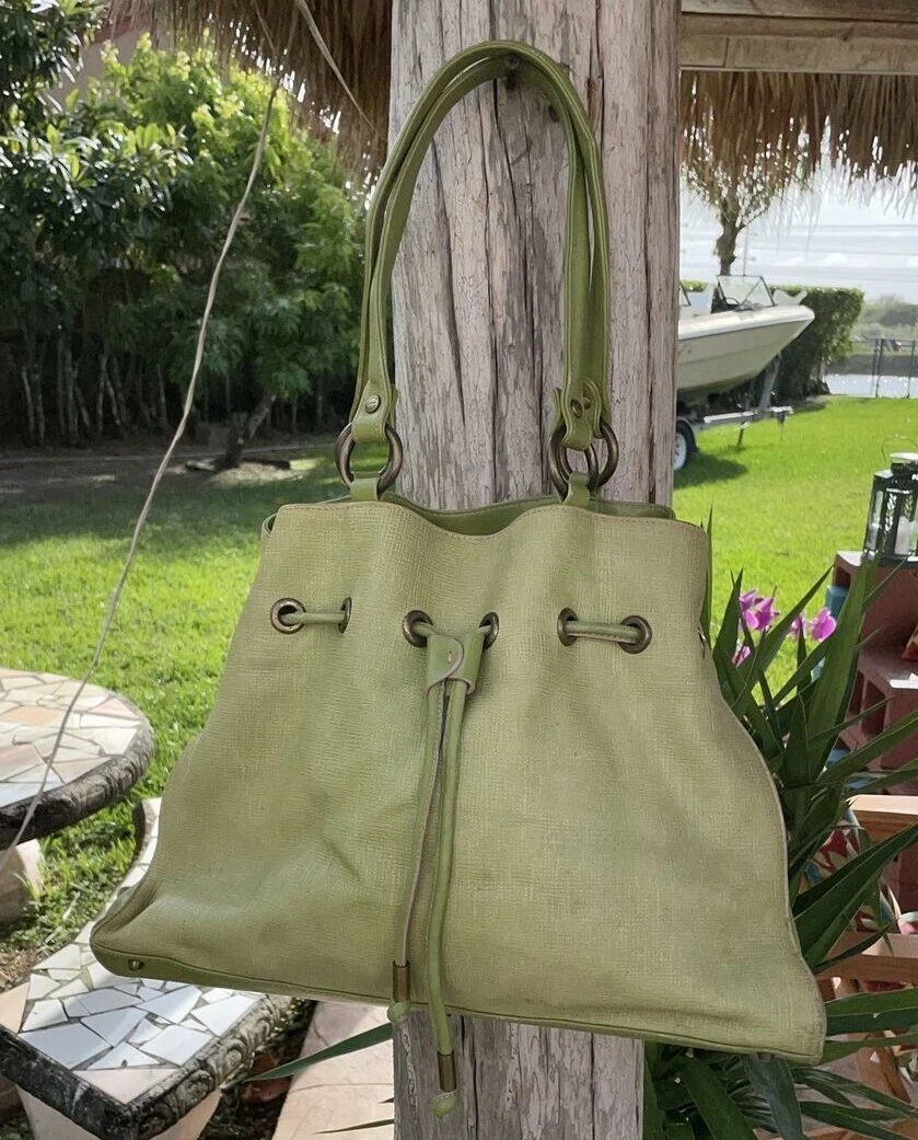 TANNER KROLLE LIGHT GREEN LEATHER DRAWSTRING DETAIL SHOULDER BAG MADE IN ITALY