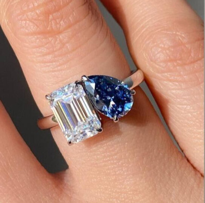 0.92Ct White Emerald Cut Moissanite Toi Et Moi Wedding 925 Sterling Silver Ring