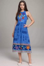Johnny Was Jade Blue Zahar Linen Tea Length Dress L36224