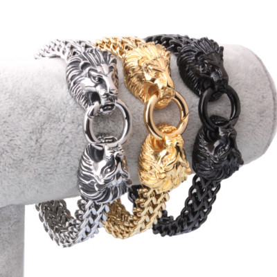 Cool Lion Head Bracelet Men Figaro Link Chain Mens Cuff Bracelets Heavy