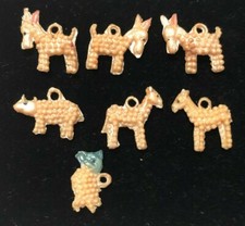 Vintage 1940s CRACKER JACK Toy Prize Celluloid Charm SET of 7 Rhino Parrot 