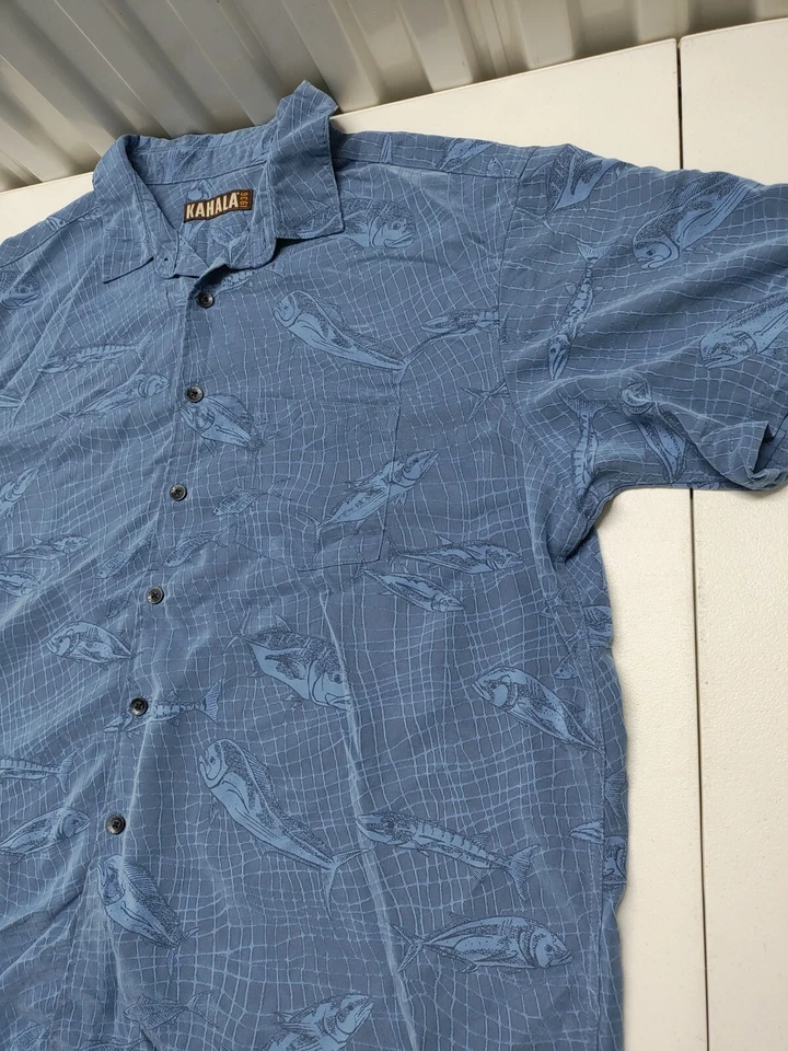 Camisa Kahala 1936 Hawaiana Abotonada Azul Manga Corta Mahi Mahi Para Hombre Talla 2XL Foto 3 de 4