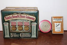 THREE VINTAGE ADVERTISING TINS TWO FRENCH/ONE ENGLISH PUBLIC BENEFIT BOOT CO.