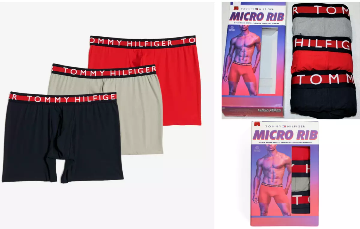 Men's Tommy Hilfiger 3-Pack Micro Rib Boxer Briefs Underwear  (Red-Gray-Black)