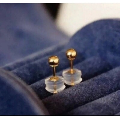 PAIR AU750 Gold Stud Earrings 18K Yellow Pure Gold Ball and Back Tiny Small 3mm