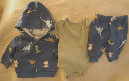 CARTER'S BLUE & GRAY 3*PIECE HOODED DINOSAUR PANTS OUTFIT-NEWBORN-NEW WITH TAGS