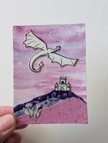 ACEO Dragon And Castle Original Art Mixed Media Signed by artist Therecreative