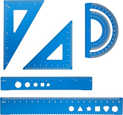 5 Pcs Metal Geometry Set, Math Drafting Ruler Kit- Aluminum Triangle Blue 