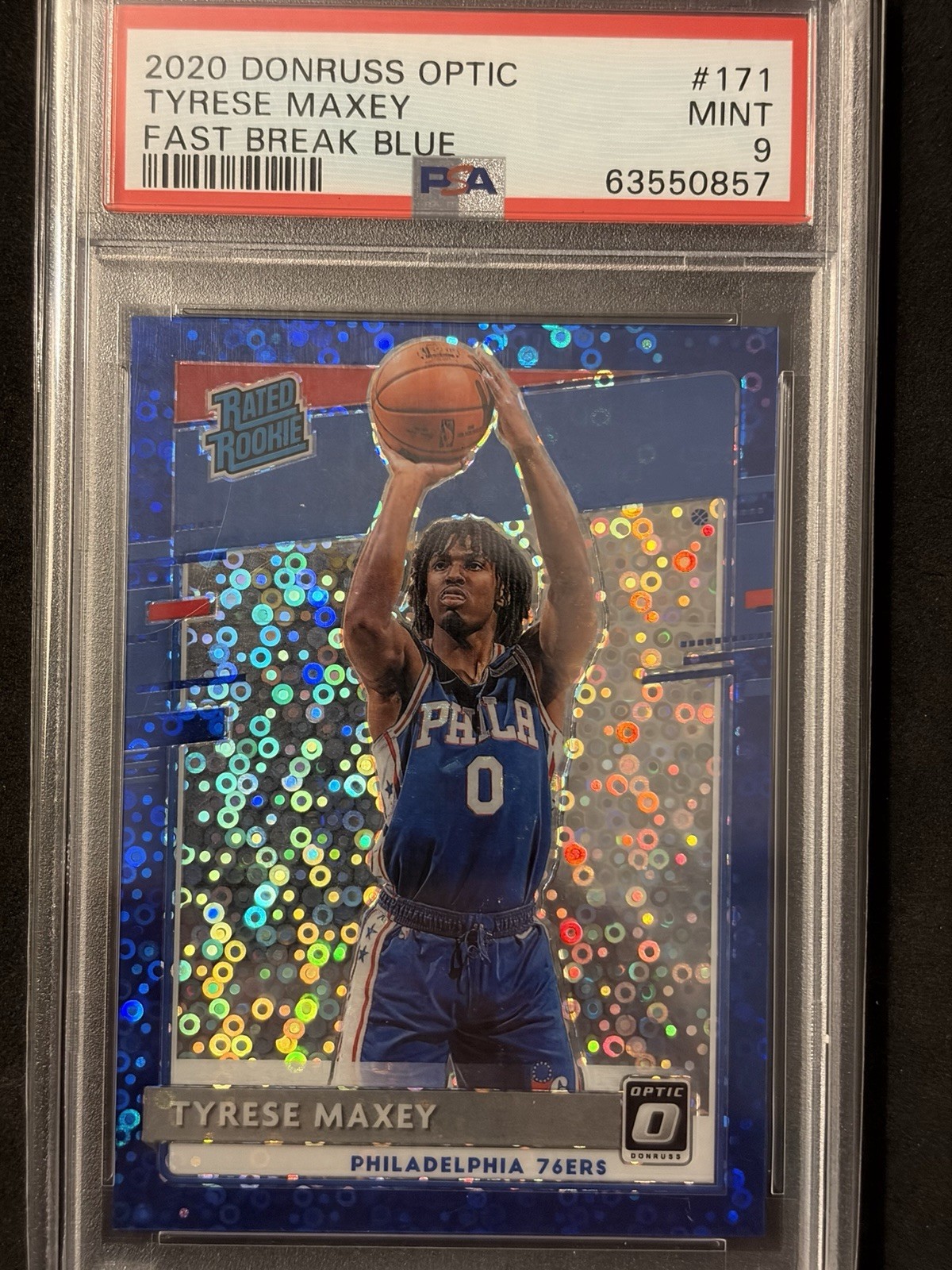 2020-21 Donruss Optic #171 Tyrese Maxey Rated Rookie Fast Break Blue /50 PSA 9