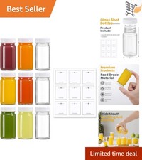 9 Pack 2 oz Glass Shot Bottles with White Lids Labels for Shots Juicing Wellness