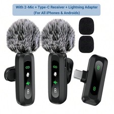 2 Wireless Lavalier Mics With Type-C Lightning Adapter For iPhone Android
