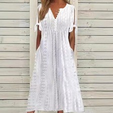 Women's Casual V-Neck Short Sleeve Lace Hollow Out Dress Boho Beach Maxi Dress w