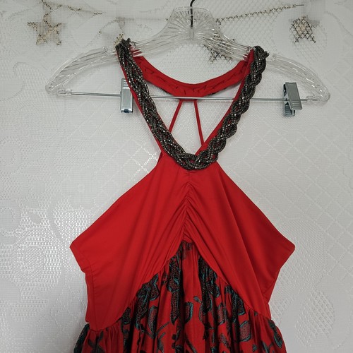 Womens Size 38 Red Silk Dress Green Embroidered Floral Cutouts Y2K Boho Chic - Picture 6 of 16
