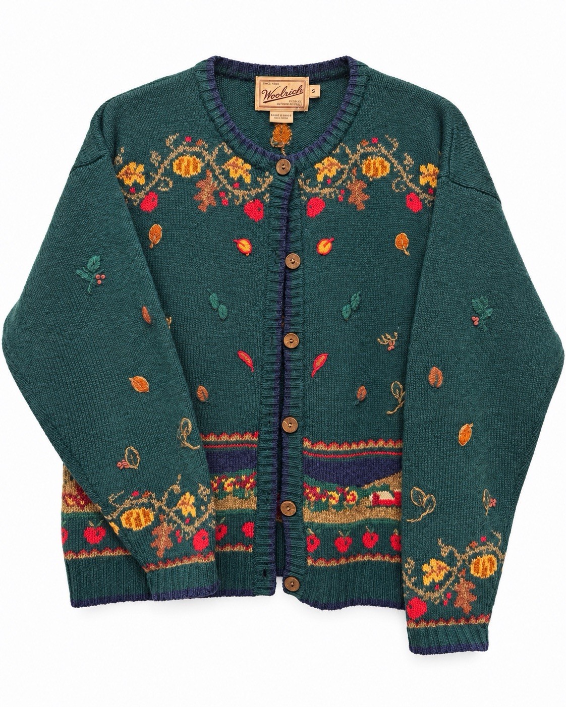 Wool cardigan sweater patterned with rust and olive fall leaves, button front.