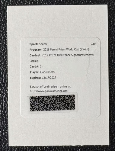 2026 Panini Prizm World Cup Lionel Messi 2012 Throwback Auto Choice Redemption