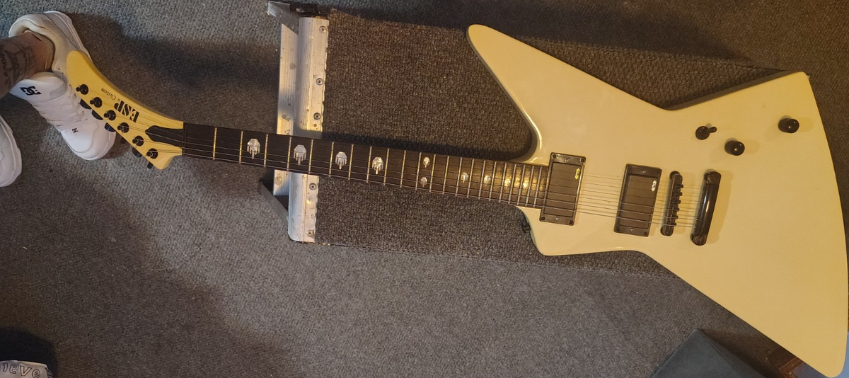 ESP Explorer Style Electric Guitar Beige EMG Pickups Unique Inlays