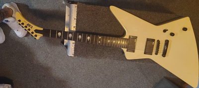 ESP Explorer Style Electric Guitar Beige EMG Pickups Unique Inlays