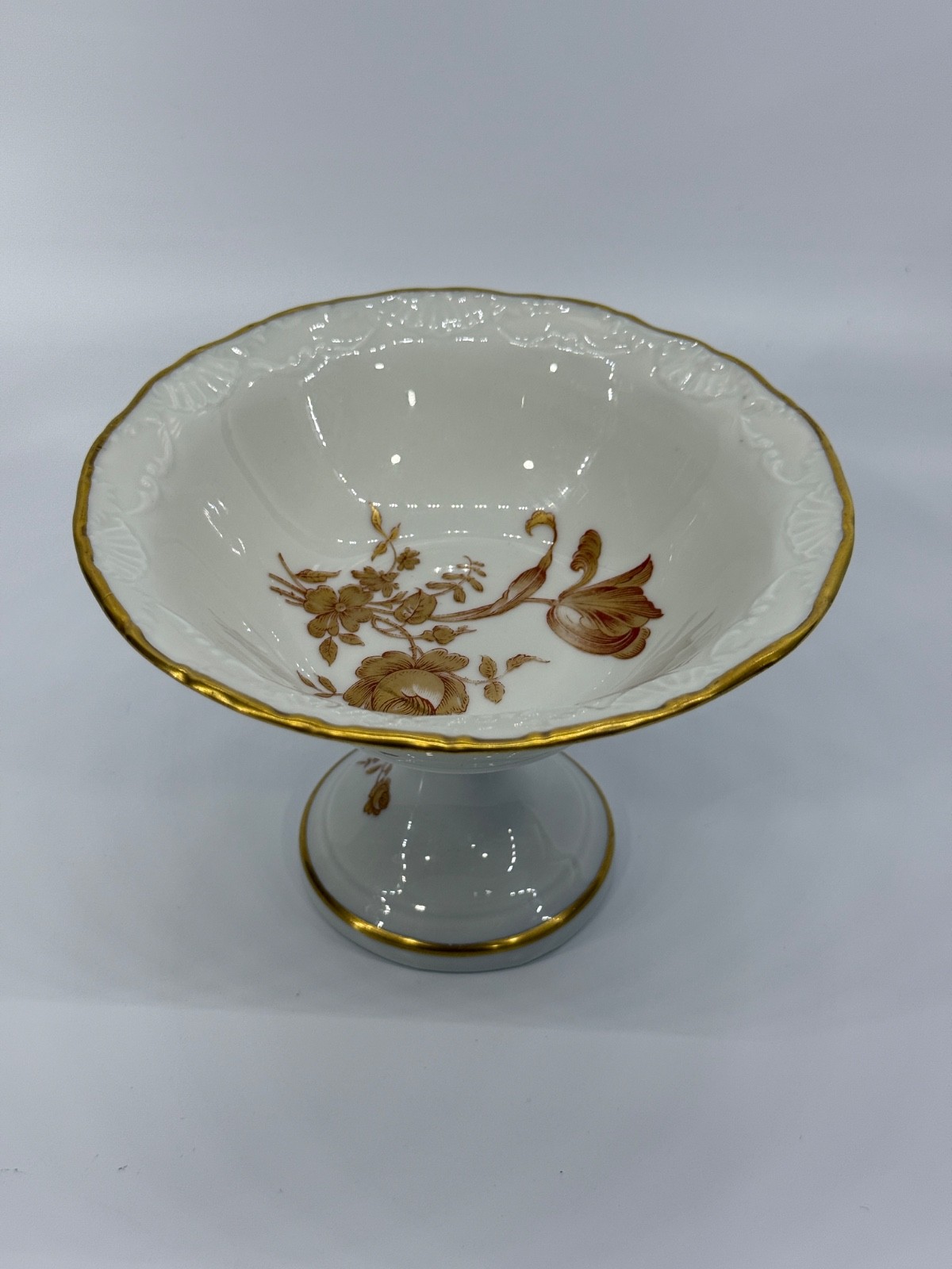 Vintage Limoges France Compote Pedestal Bowl Gold Floral Porcelain Dish