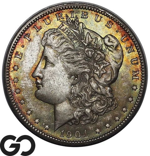 1904-O Morgan Silver Dollar Coin, Beautiful Rainbow Color, Gem BU++