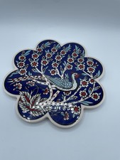 Tile Trivet/Hot Pad Red Blue White With Bird And Padded Bottom Made in Turkey