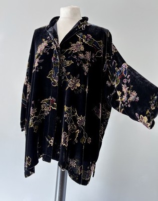 Wall London schwarz gold Seide Samt handbemalt Mandarine Vogel Kimono Top Jacke Einheitsgröße